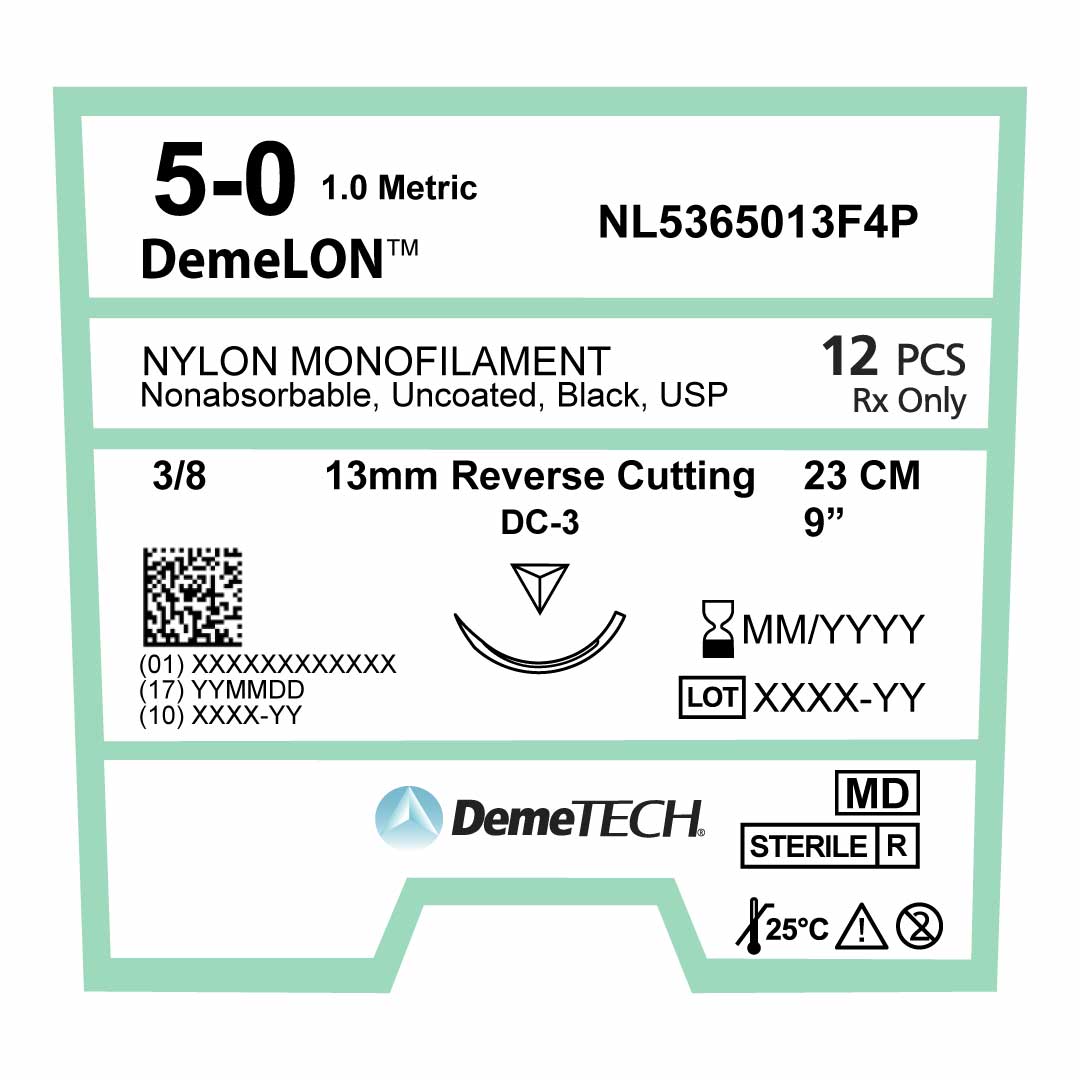 DemeTECH 9" Nylon Monofilament 5-0 Non-Absorbable C-3 Suture