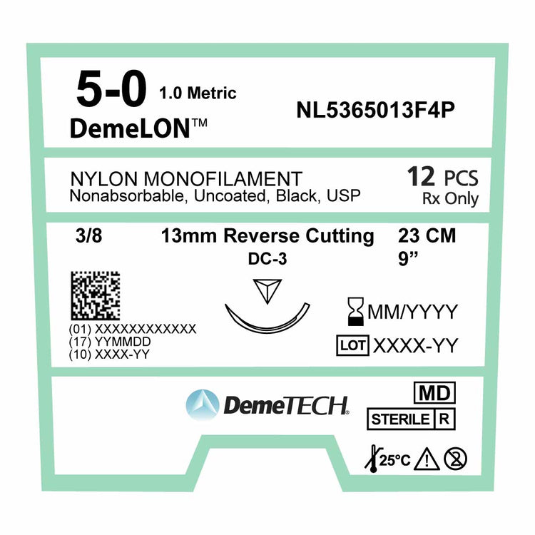 DemeTECH 9" Nylon Monofilament 5-0 Non-Absorbable C-3 Suture