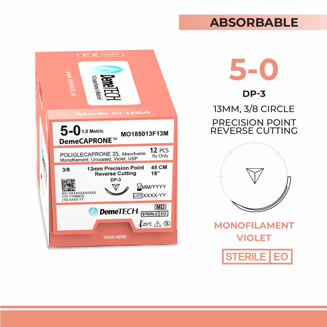 DemeTECH Poliglecaprone 25` (PGCL), 5-0, 18", DP-3 Absorbable Suture, Precision Point Reverse Cutting, Violet 12/Box