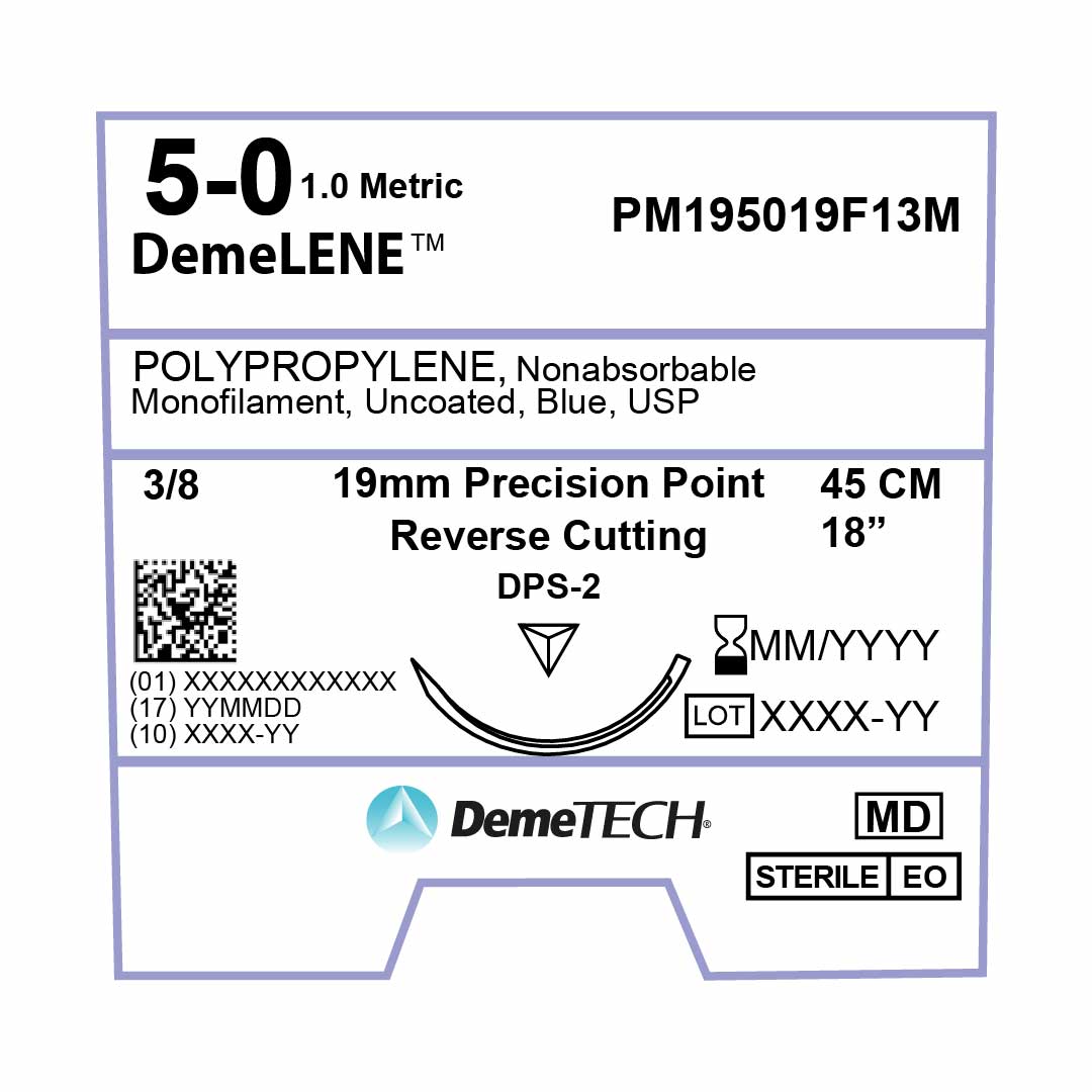 DemeTECH Polypropylene, 5-0, 18", DPS-2 Non-Absorbable Suture, Precision Point Reverse Cutting, Blue 12/Box
