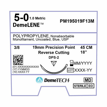 DemeTECH Polypropylene, 5-0, 18", DPS-2 Non-Absorbable Suture, Precision Point Reverse Cutting, Blue 12/Box