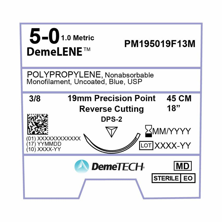 DemeTECH Polypropylene, 5-0, 18", DPS-2 Non-Absorbable Suture, Precision Point Reverse Cutting, Blue 12/Box