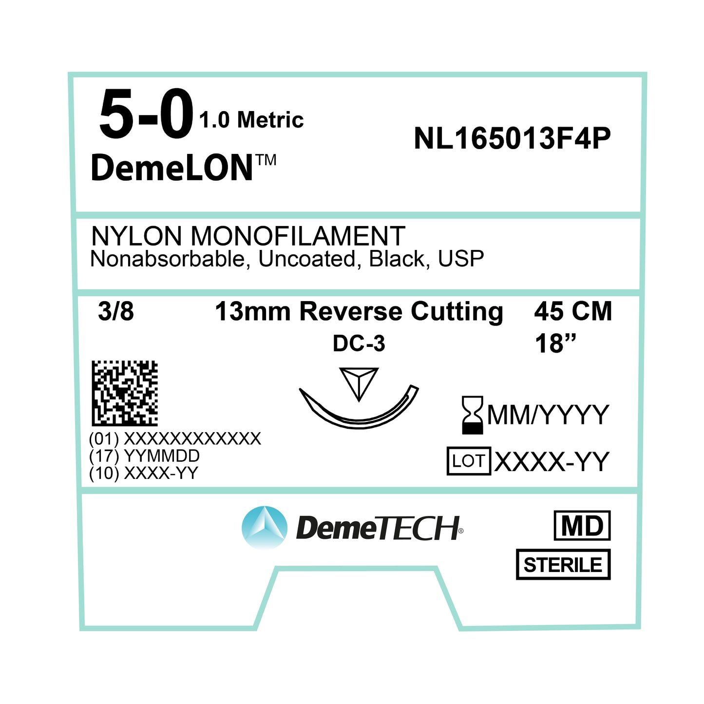 DemeTECH Nylon Monofilament, 45 cm, Black, 5/0 USP, 13 mm, 3/8 Circle, Reverse Cutting