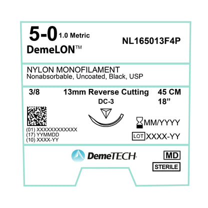 DemeTECH Nylon Monofilament, 45 cm, Black, 5/0 USP, 13 mm, 3/8 Circle, Reverse Cutting