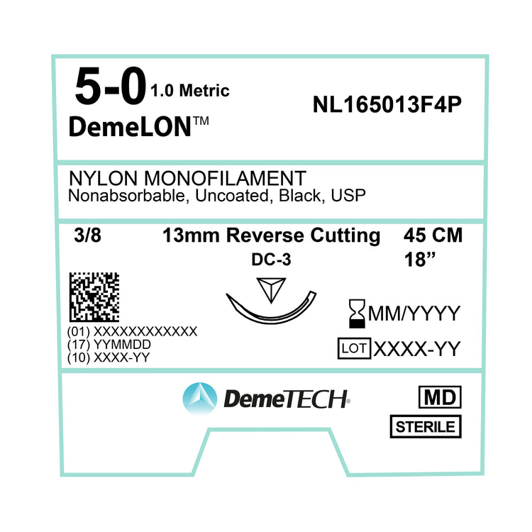 DemeTECH Nylon Monofilament, 45 cm, Black, 5/0 USP, 13 mm, 3/8 Circle, Reverse Cutting