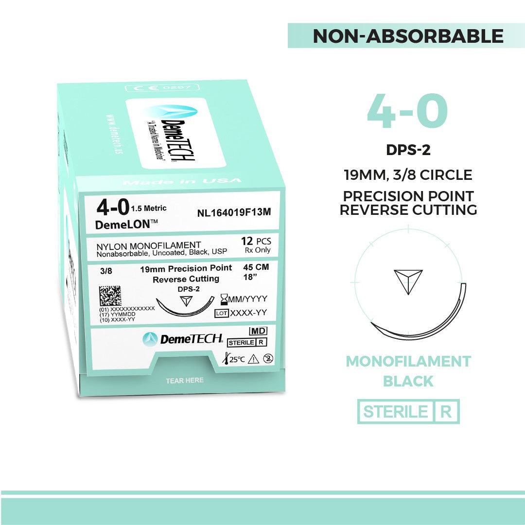 DemeTECH 18” Nylon Monofilament 4-0 Non-Absorbable DPS-2 Black Suture