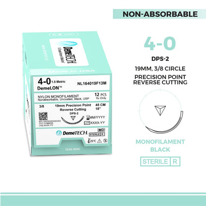 DemeTECH 18” Nylon Monofilament 4-0 Non-Absorbable DPS-2 Black Suture