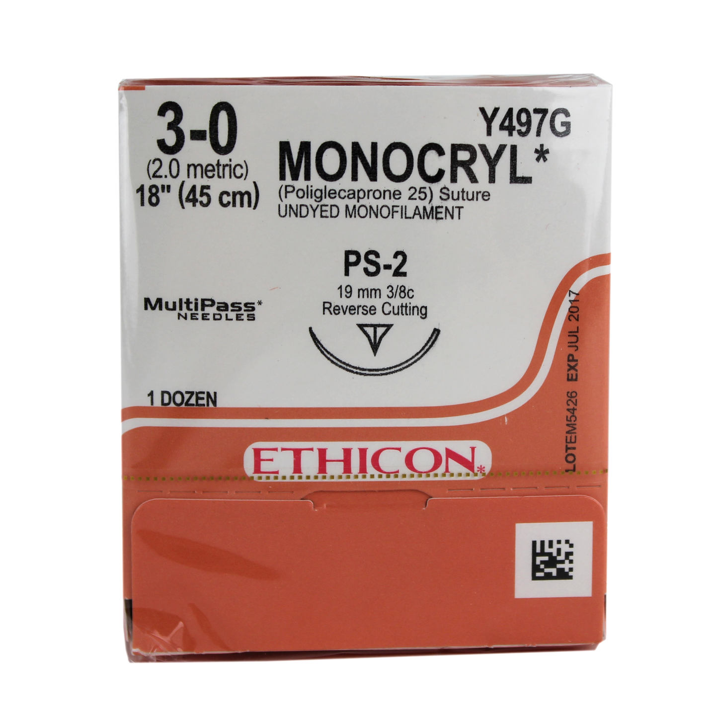 Ethicon Y497G Monocryl PGCL Monofilament 25 Suture, 3-0, Absorbable, PS-2, Undyed, 18"