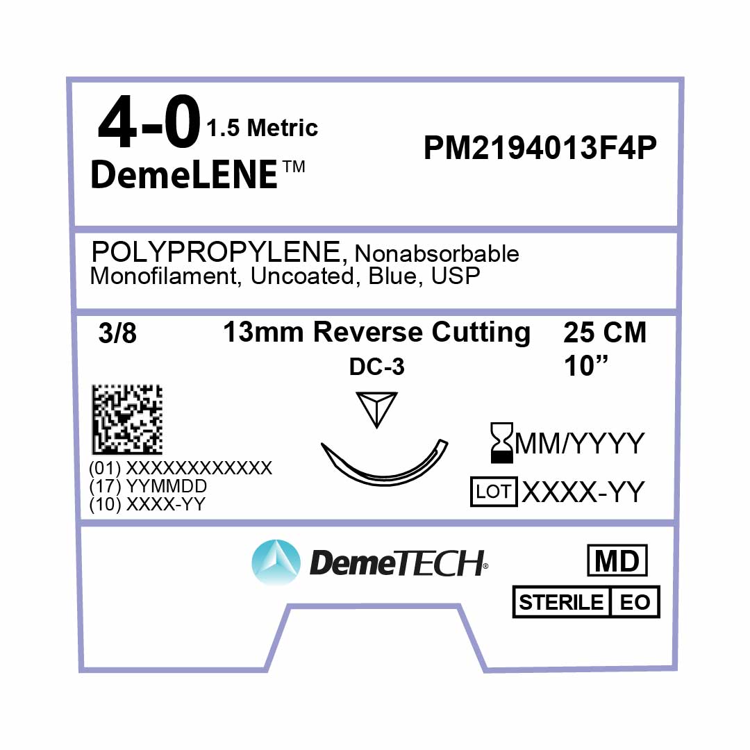 DemeTECH Polypropylene, 4-0, 10", DC-3 Non-Absorbable Suture, Precision Point Reverse Cutting, Blue 12/Box