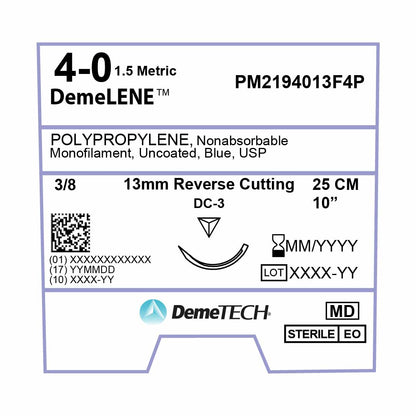 DemeTECH Polypropylene, 4-0, 10", DC-3 Non-Absorbable Suture, Precision Point Reverse Cutting, Blue 12/Box