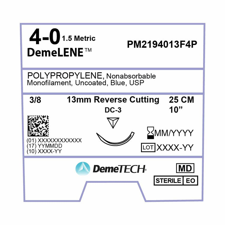 DemeTECH Polypropylene, 4-0, 10", DC-3 Non-Absorbable Suture, Precision Point Reverse Cutting, Blue 12/Box