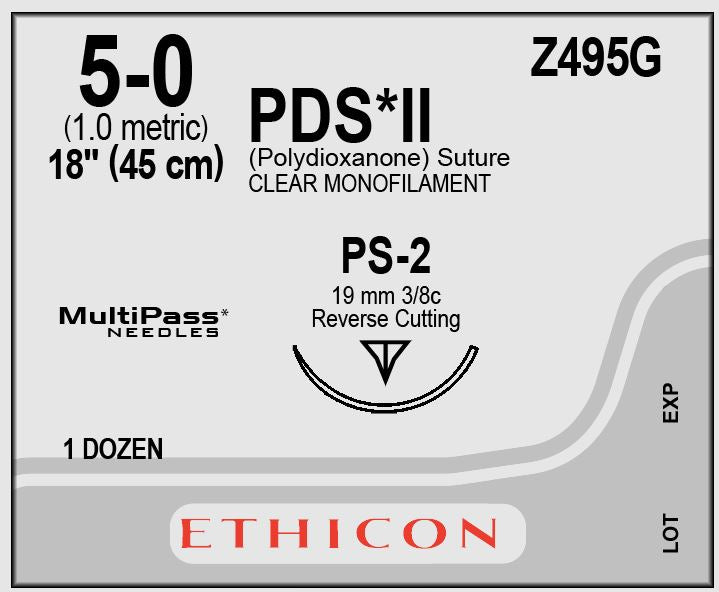 Ethicon Z495G PDS II Polydioxanone Suture Monofilament, 5-0, Absorbable, PS-2, Undyed, 18"