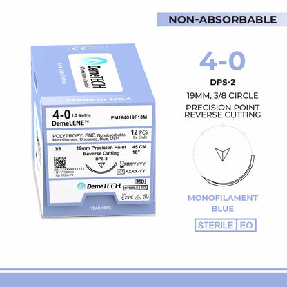 DemeTECH Polypropylene, 4-0, 18", DPS-2 Non-Absorbable Suture, Precision Point Reverse Cutting, Blue 12/Box