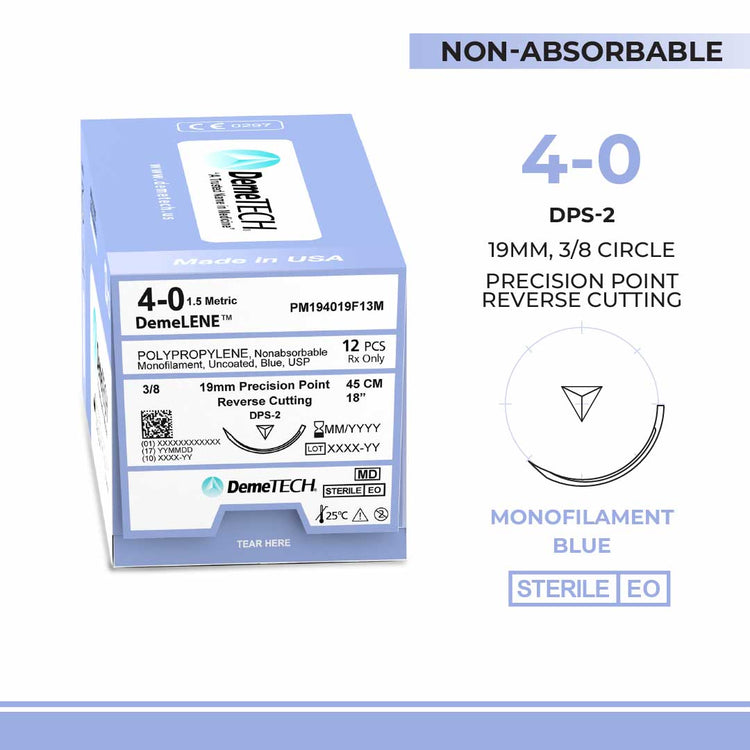 DemeTECH Polypropylene, 4-0, 18", DPS-2 Non-Absorbable Suture, Precision Point Reverse Cutting, Blue 12/Box
