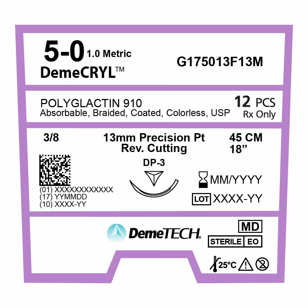 DemeTECH Polyglactin 910, 5-0, 18", DP-3 Synthetic Absorbable Suture, Braided, Precision Point Reverse Cutting, Undyed 12/Box