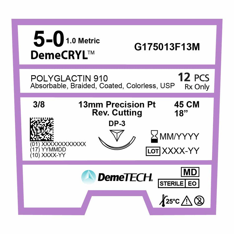 DemeTECH Polyglactin 910, 5-0, 18", DP-3 Synthetic Absorbable Suture, Braided, Precision Point Reverse Cutting, Undyed 12/Box