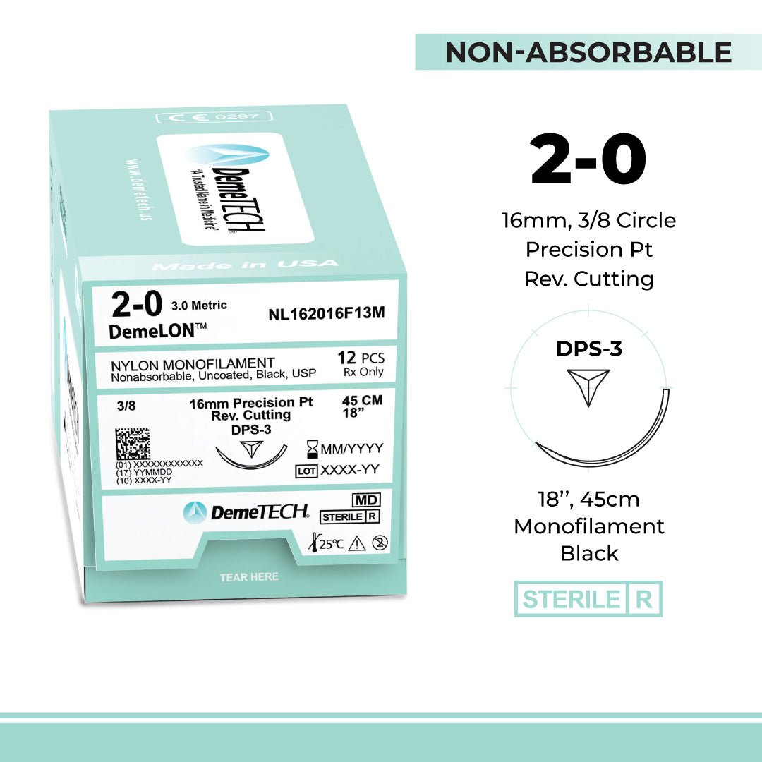 DemeTECH 18" Nylon Monofilament 2-0 Non-Absorbable DPS-3 Black Suture 12/Box