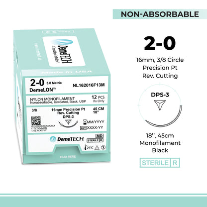 DemeTECH 18" Nylon Monofilament 2-0 Non-Absorbable DPS-3 Black Suture 12/Box