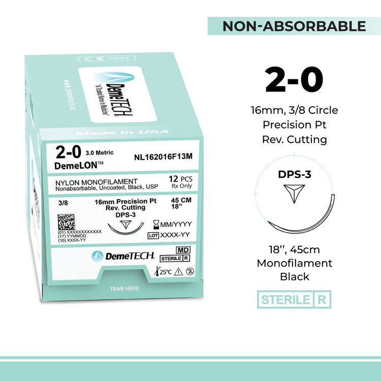 DemeTECH 18" Nylon Monofilament 2-0 Non-Absorbable DPS-3 Black Suture 12/Box