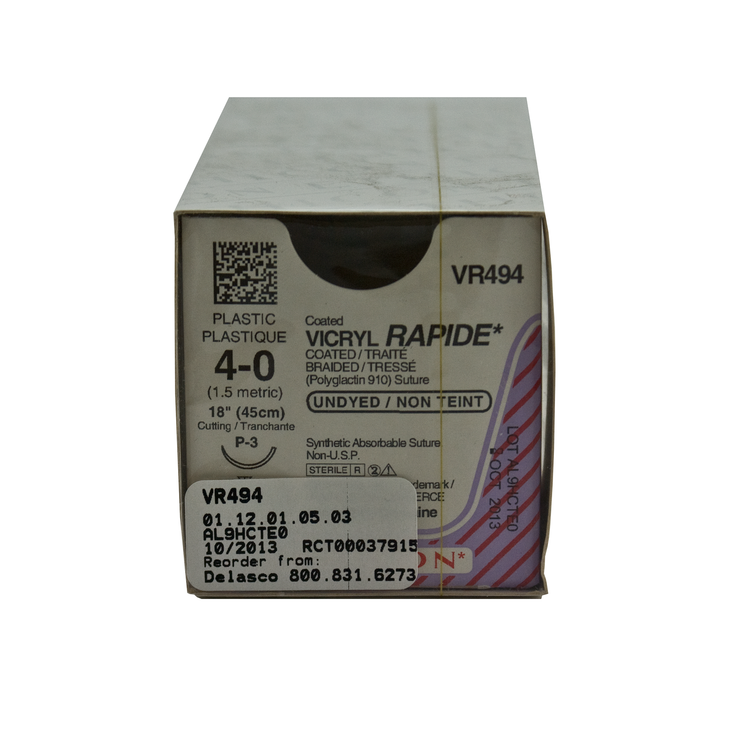 Ethicon VR494 Coated Vicryl Rapide Suture, Polyglactin 910, 4-0, Fast Absorbing, P-3, Undyed, 18"