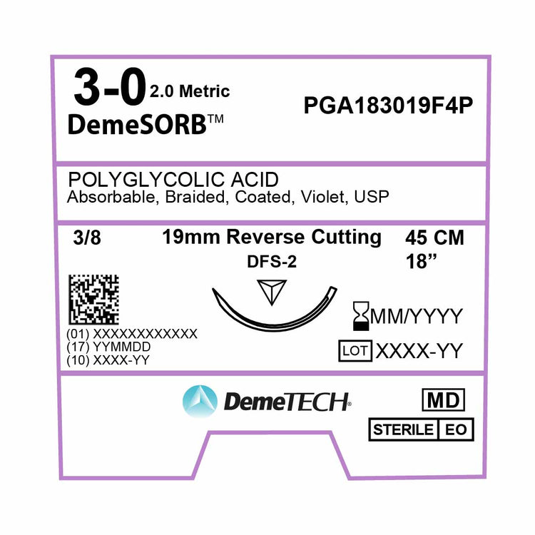 DemeTECH Polyglycolic Acid (PGA), 3-0, 18", DFS-2 Synthetic Absorbable Suture, Reverse Cutting, Violet 12/Box