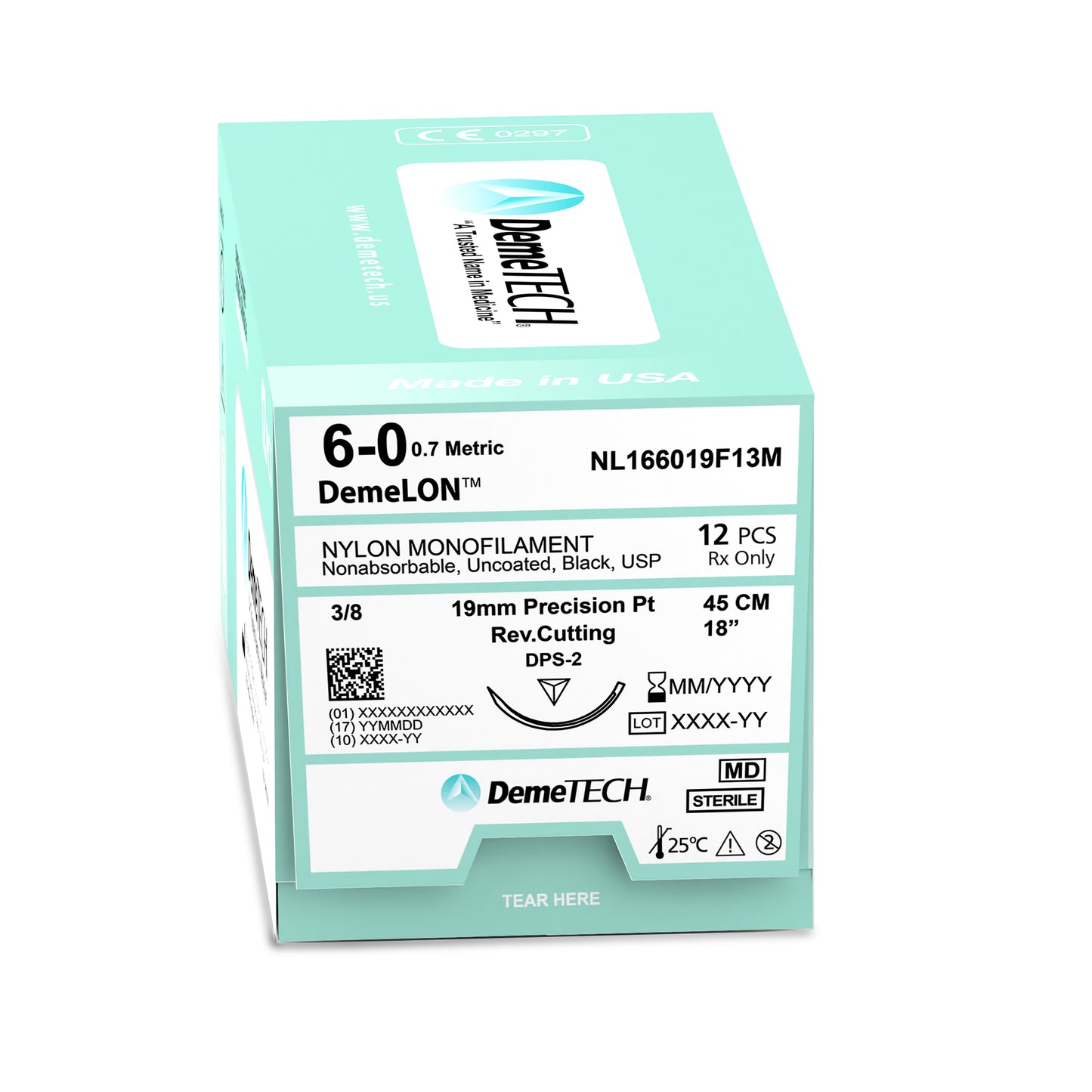 DemeTECH Nylon Monofilament Suture, 45 cm, Black, 6/0 USP, 19 mm, 3/8 Circle, Reverse Cutting, DPS-2