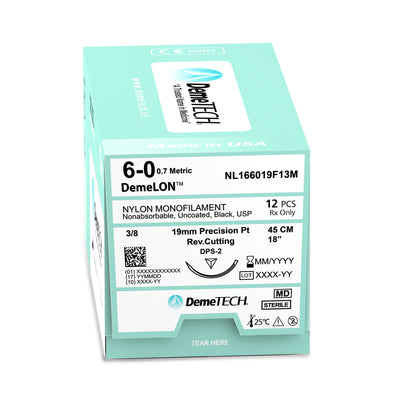 DemeTECH Nylon Monofilament Suture, 45 cm, Black, 6/0 USP, 19 mm, 3/8 Circle, Reverse Cutting, DPS-2