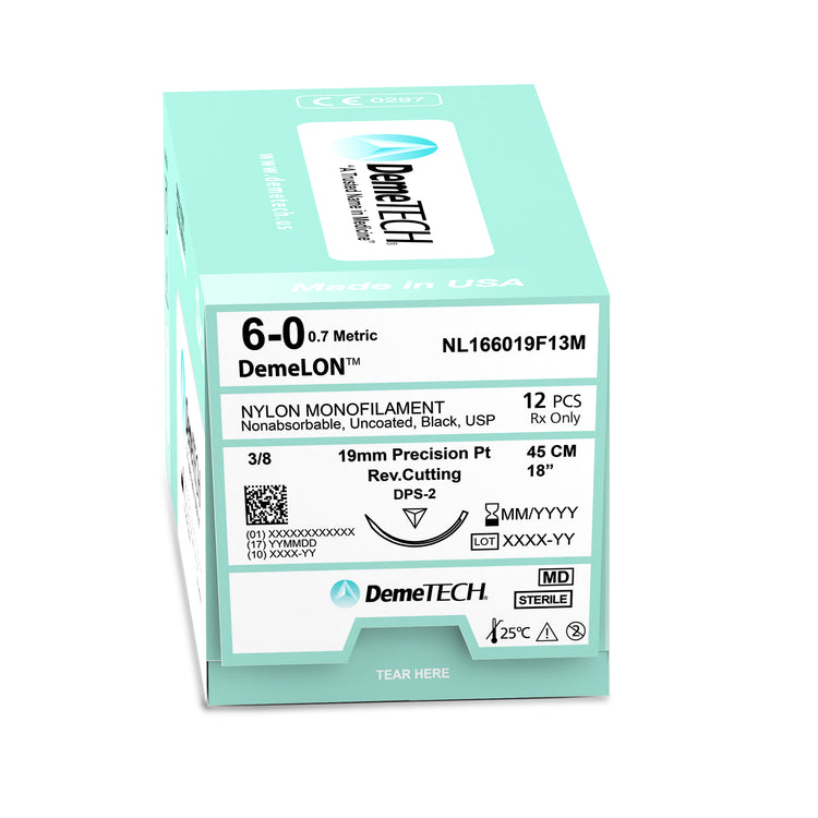 DemeTECH Nylon Monofilament Suture, 45 cm, Black, 6/0 USP, 19 mm, 3/8 Circle, Reverse Cutting, DPS-2