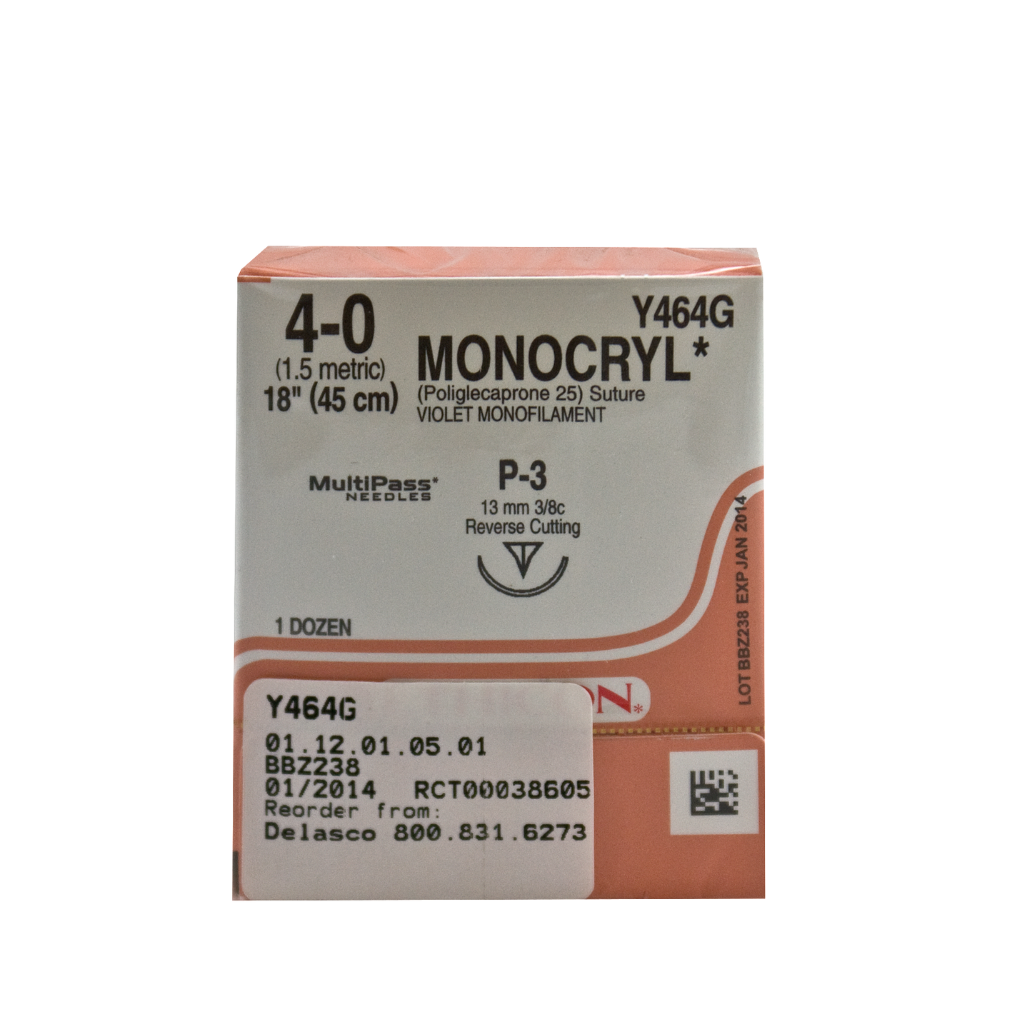 Ethicon Y464G Monocryl Suture, 4-0, Absorbable, P-3, Violet, 18"