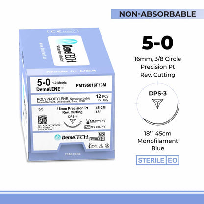 DemeLENE , Polypropylene Suture, Synthetic Non-absorbable, DPS-3, 16mm, 3/8 Circle, Precision Point Reverse Cutting Needle, Blue, USP Size 5-0, 18 inches, (45cm), 1DZ/BX