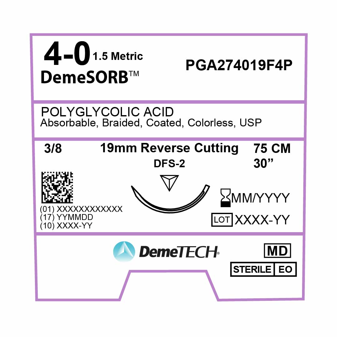DemeTECH Polyglycolic Acid (PGA), 4-0, 30", DFS-2 Synthetic Absorbable Suture, Precision Point Reverse Cutting, Undyed 12/Box