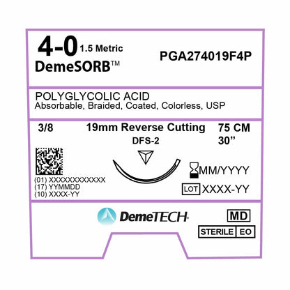 DemeTECH Polyglycolic Acid (PGA), 4-0, 30", DFS-2 Synthetic Absorbable Suture, Precision Point Reverse Cutting, Undyed 12/Box