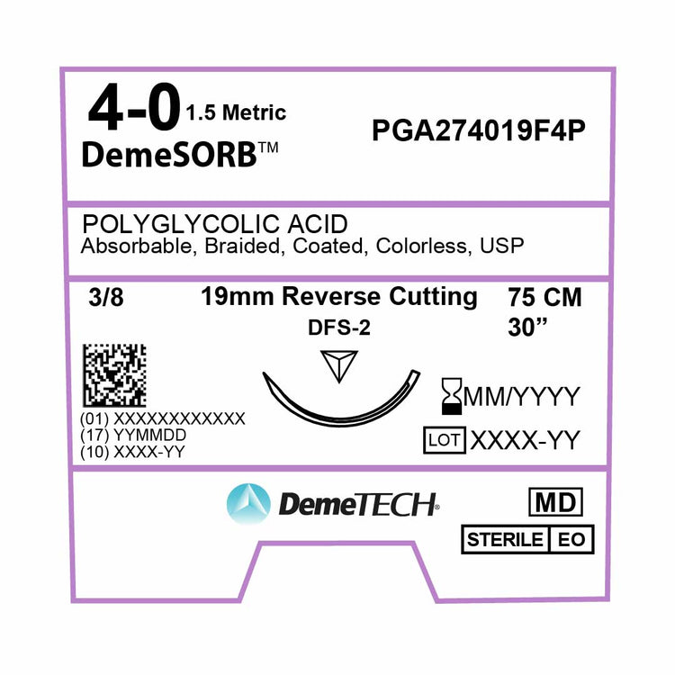 DemeTECH Polyglycolic Acid (PGA), 4-0, 30", DFS-2 Synthetic Absorbable Suture, Precision Point Reverse Cutting, Undyed 12/Box
