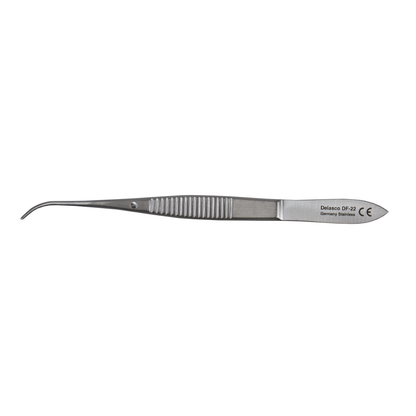 Delasco DF-22 Eye Dressing Forceps 4 in, 1/2 Curved 1.5mm Serrated