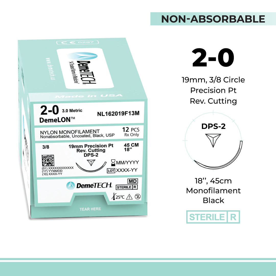 DemeTECH 18" Nylon Monofilament 2-0 Non-Absorbable DPS-2 Black Suture 12/Box
