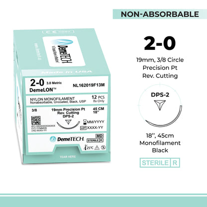 DemeTECH 18" Nylon Monofilament 2-0 Non-Absorbable DPS-2 Black Suture 12/Box