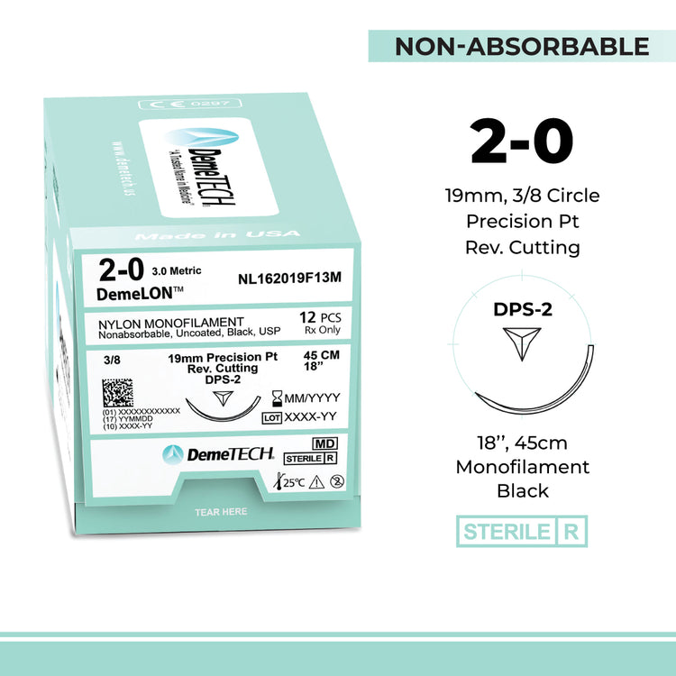 DemeTECH 18" Nylon Monofilament 2-0 Non-Absorbable DPS-2 Black Suture 12/Box