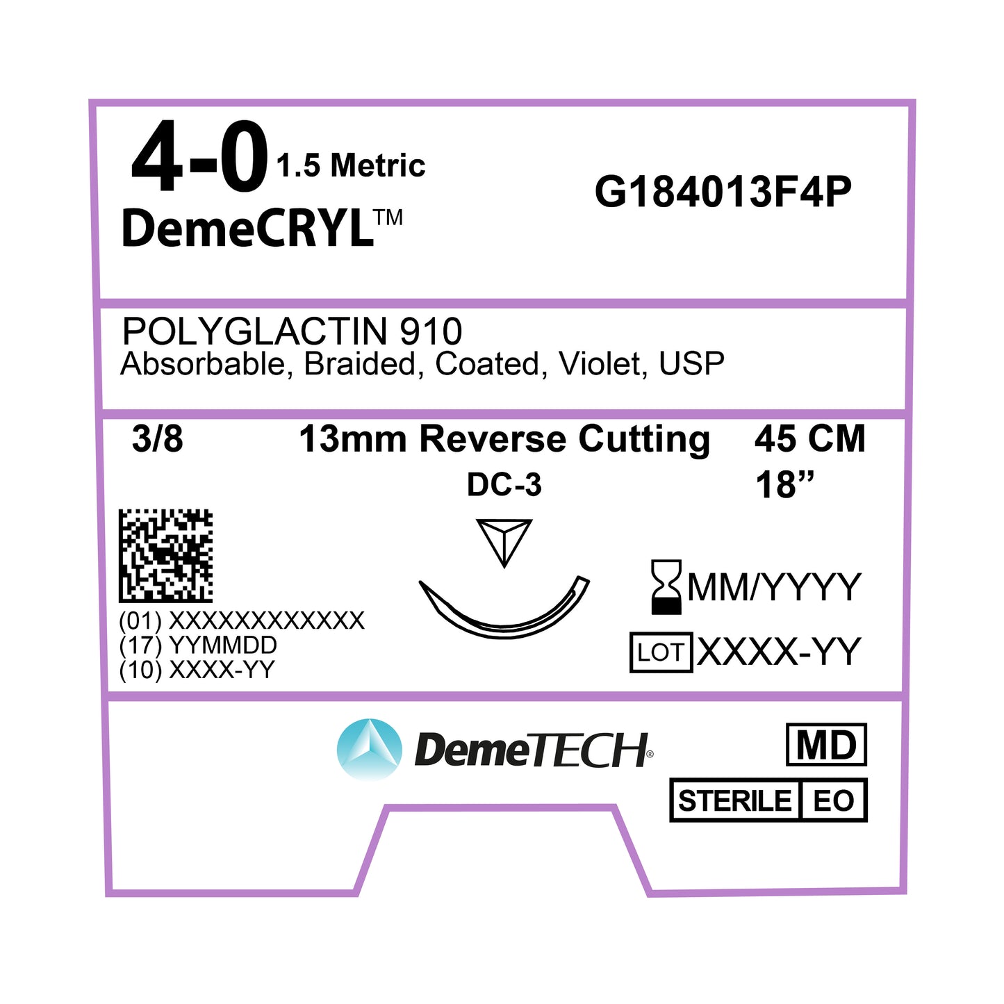 DemeTECH Polyglactin 910, 4-0, 18", DC-3 Synthetic Absorbable Suture, Reverse Cutting, Violet 12/Box