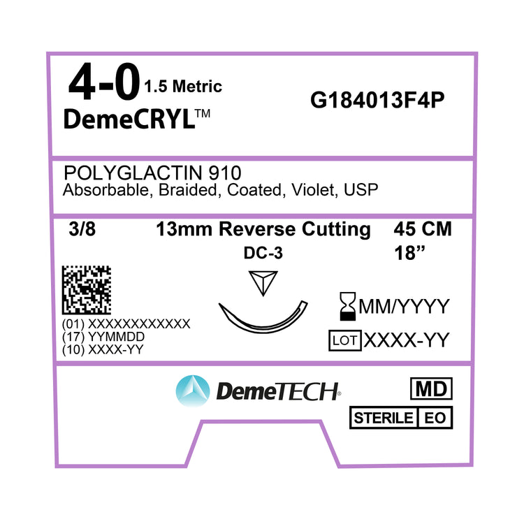 DemeTECH Polyglactin 910, 4-0, 18", DC-3 Synthetic Absorbable Suture, Reverse Cutting, Violet 12/Box