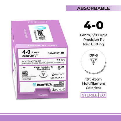 DemeTECH Polyglactin 910, 4-0, 18", DP-3 Synthetic Absorbable Suture, Braided, Precision Point Reverse Cutting, Undyed 12/Box