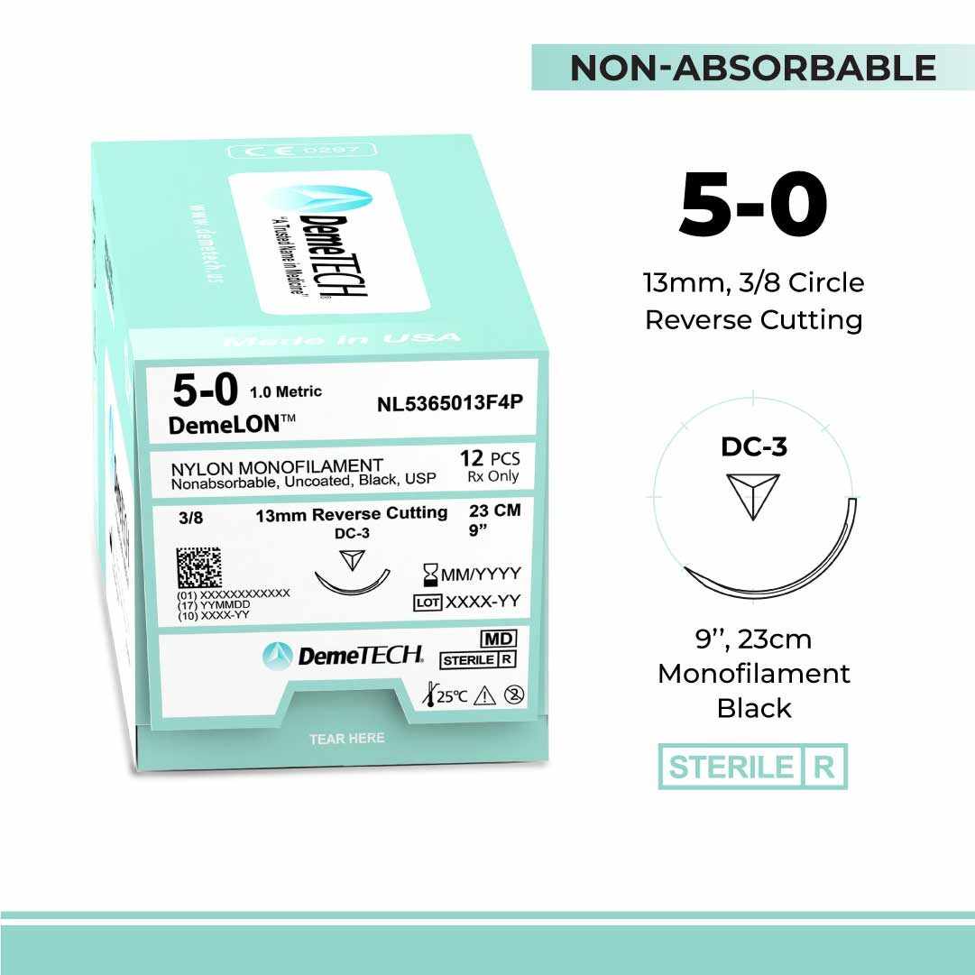 DemeTECH 9" Nylon Monofilament 5-0 Non-Absorbable C-3 Suture