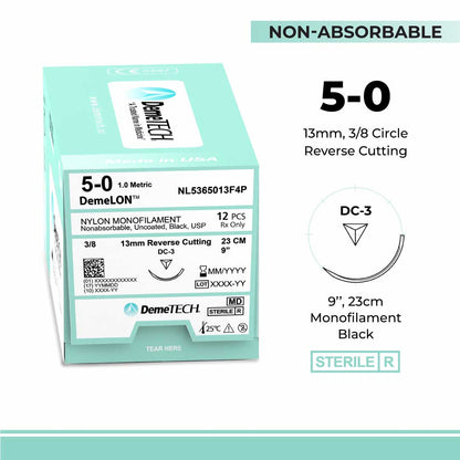 DemeTECH 9" Nylon Monofilament 5-0 Non-Absorbable C-3 Suture