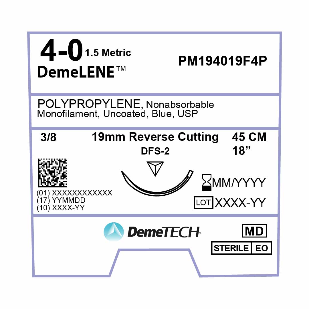 DemeTECH Polypropylene, 4-0, 18", DFS-2 Non-Absorbable Suture, Precision Point Reverse Cutting, Blue 12/Box