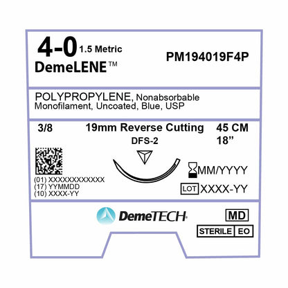 DemeTECH Polypropylene, 4-0, 18", DFS-2 Non-Absorbable Suture, Precision Point Reverse Cutting, Blue 12/Box