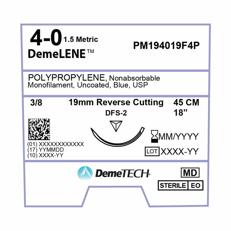 DemeTECH Polypropylene, 4-0, 18", DFS-2 Non-Absorbable Suture, Precision Point Reverse Cutting, Blue 12/Box