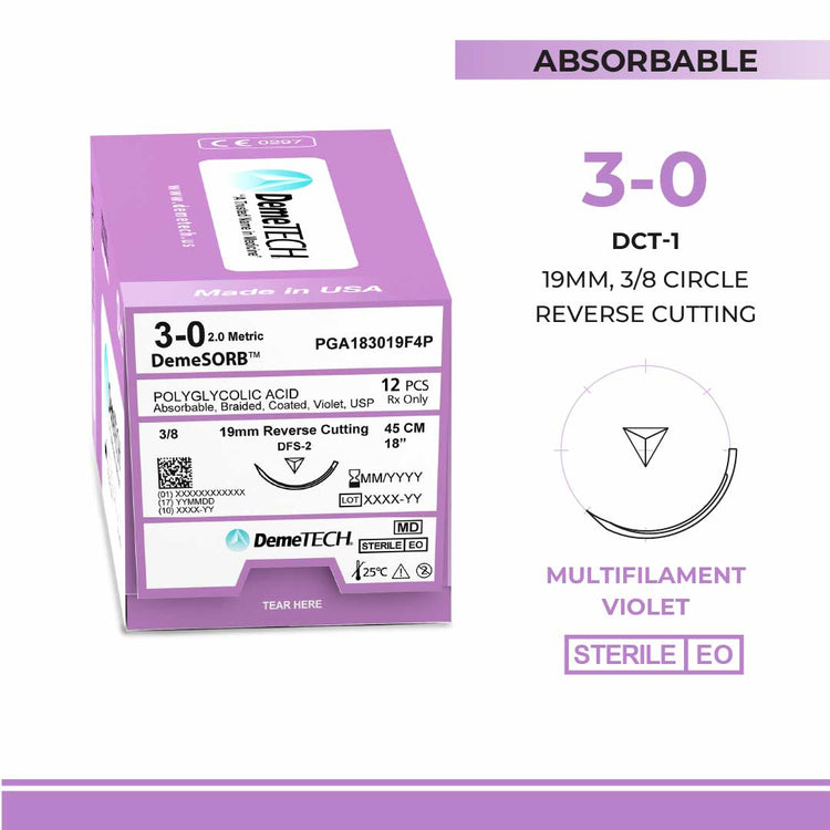 DemeTECH Polyglycolic Acid (PGA), 3-0, 18", DFS-2 Synthetic Absorbable Suture, Reverse Cutting, Violet 12/Box