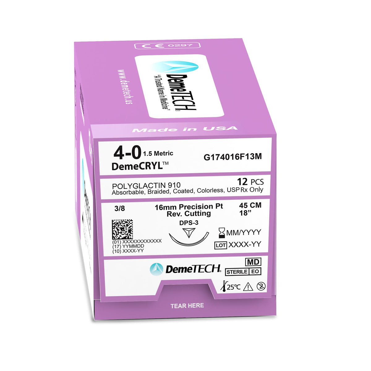 DemeTECH Polyglactin 910, 45 cm, Colorless, 4-0 USP, 16 mm, 3/8 Circle, Reverse Cutting