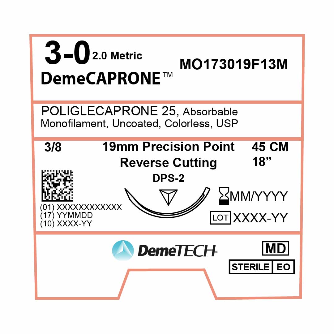 DemeTECH Poliglecaprone 25` (PGCL), 3-0, 18", DPS-2 Absorbable Suture, Precision Cosmetic Standard Prime, Undyed 12/Box