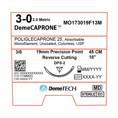 DemeTECH Poliglecaprone 25` (PGCL), 3-0, 18", DPS-2 Absorbable Suture, Precision Cosmetic Standard Prime, Undyed 12/Box