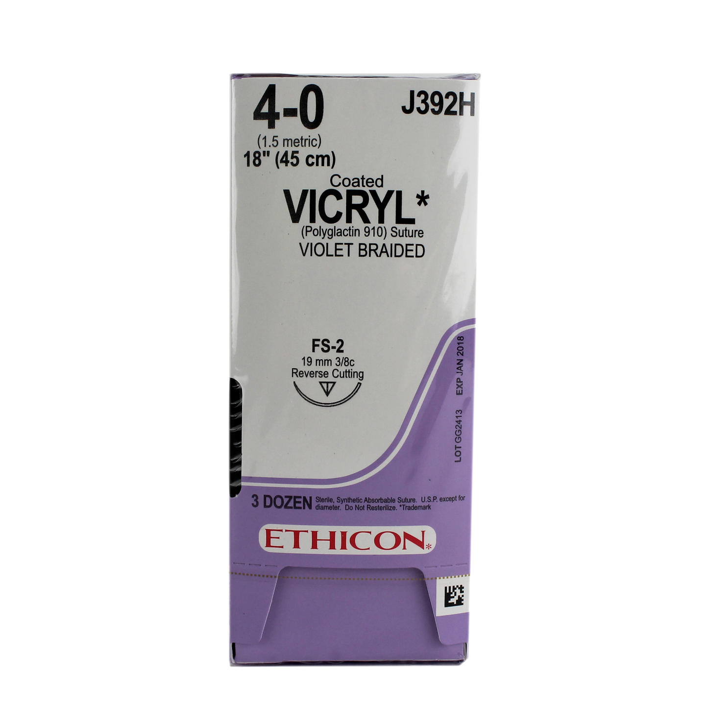 Ethicon J392H Coated Vicryl Suture, Polyglactin 910, Braided, 4-0, Absorbable, FS-2, Violet, 18"